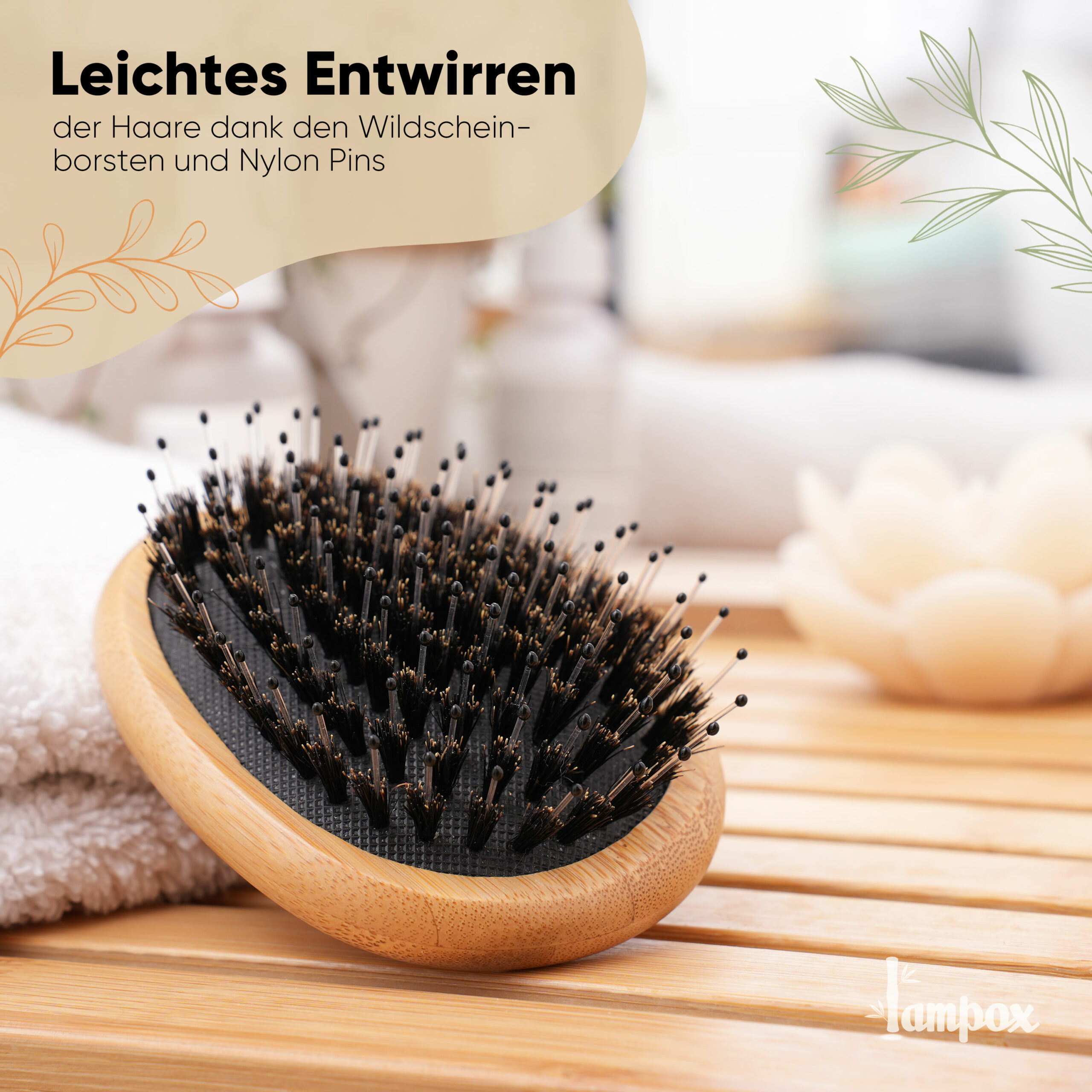 Bambus-Entwirrbürste, Egg brush mit Wildschweinborsten – Bild 4