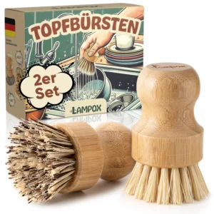 Bambus Topfbürsten, 2er Set – mit Kokos- & Nylonborsten – ideale Scheuerbürsten für Küche & Geschirr