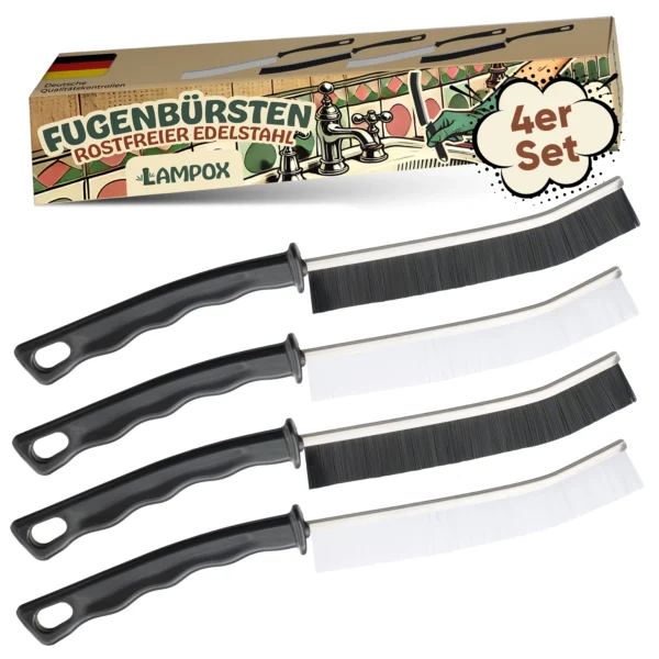 Fugenbürsten 4er Set – Edelstahlgriff & harte Nylonborsten – ideal für Fugen, Armaturen, Küche & Bad