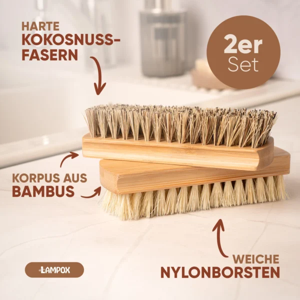 2er Putzbürsten-Set mit Bambusgriff – harte Kokos- & weiche Nylonborsten – umweltfreundliche Scheuer- und Reinigungsbürsten – Bild 3